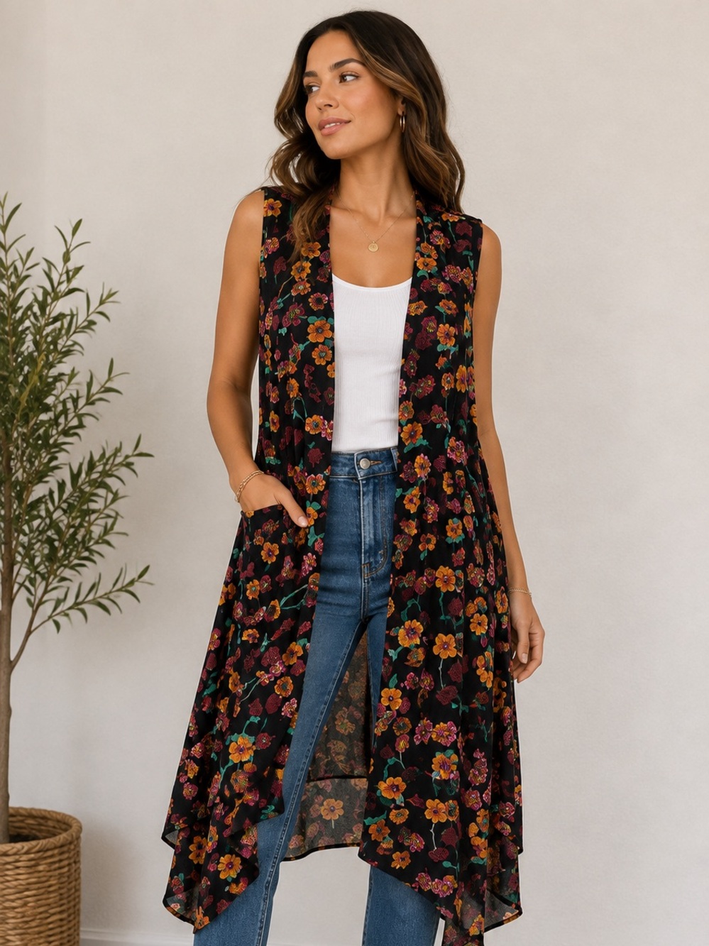 LuLaRoe Joy Long Floral Duster Vest XS NWT Black Boho Sleeveless Cardigan
